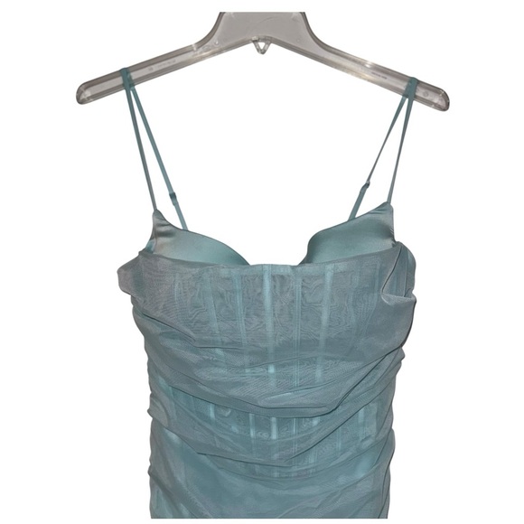 NWT Oh Polly Eftychia Corset Aqua Blue Ruched Mesh Midi Dress Size 6 - Picture 4 of 9
